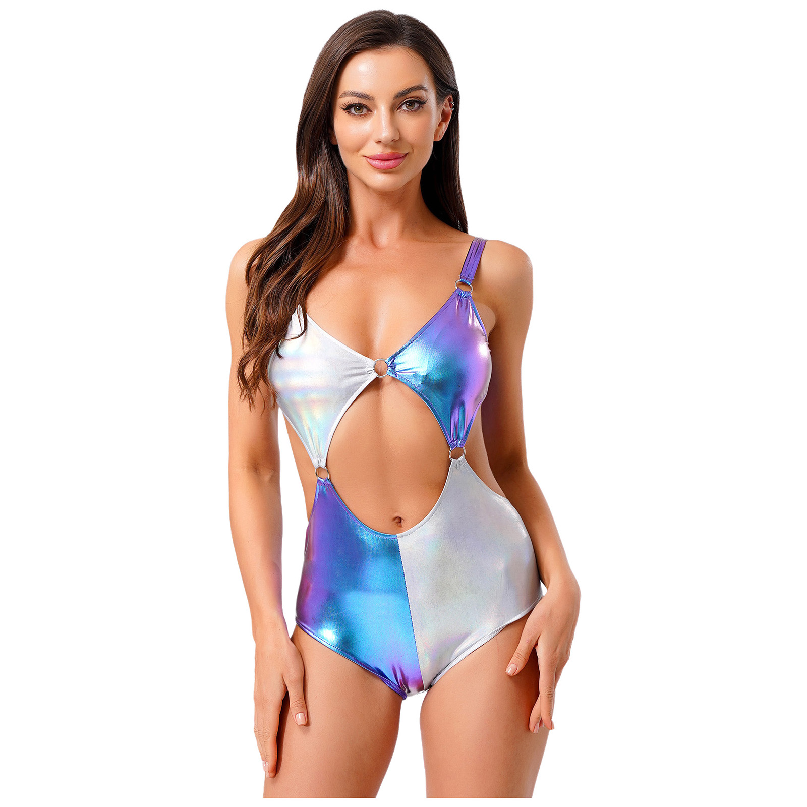 Sleeveless Jumpsuit - Women Metallic Shiny Bodysuit Sleeveless Hollow