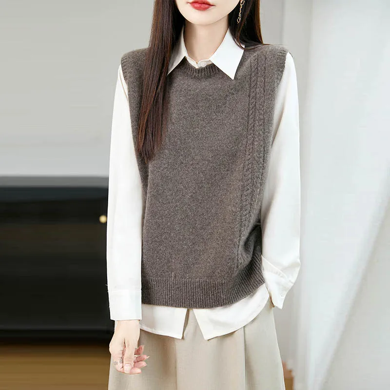 Knitted Vest Women - Merino Wool O Neck Sleeveless Pullover