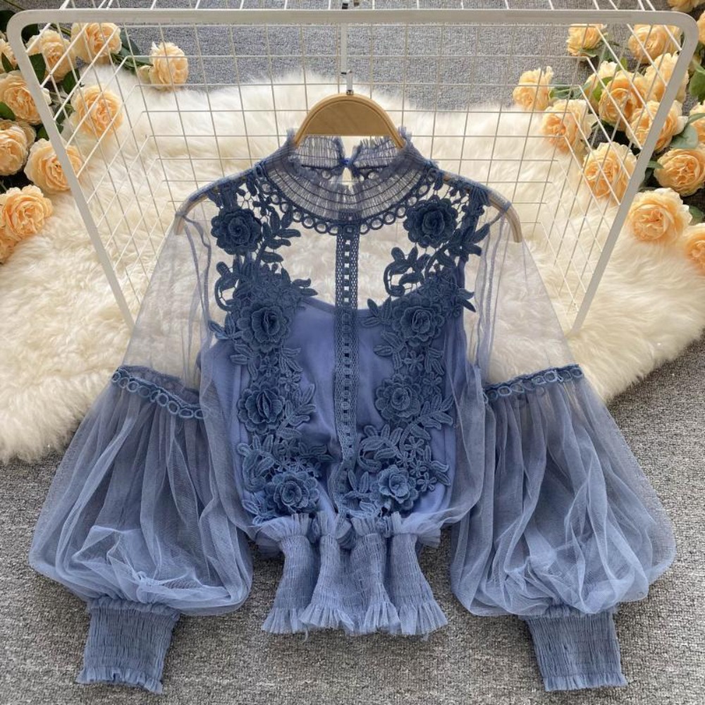 2Pcs/Set Lace Puff Long Sleeve - Puff Sleeve Blouse 评论和价格