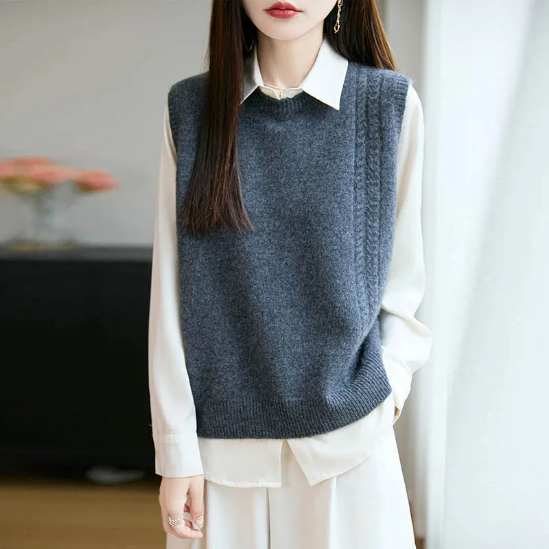 Merino Wool O Neck Sleeveless  - Knitted Vest Women 评论和价格