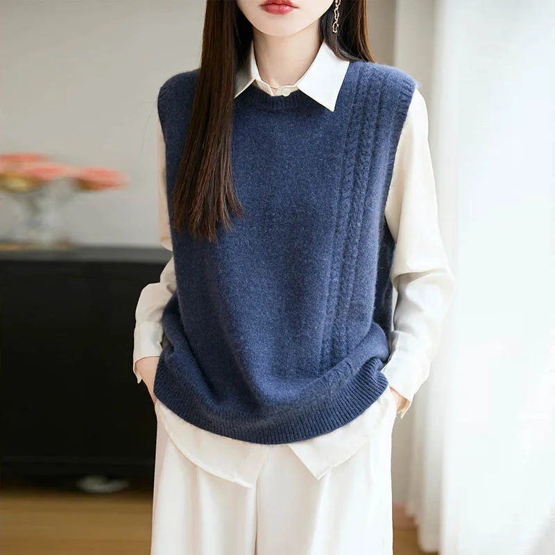 Merino Wool O Neck Sleeveless  - Knitted Vest Women 评论和价格