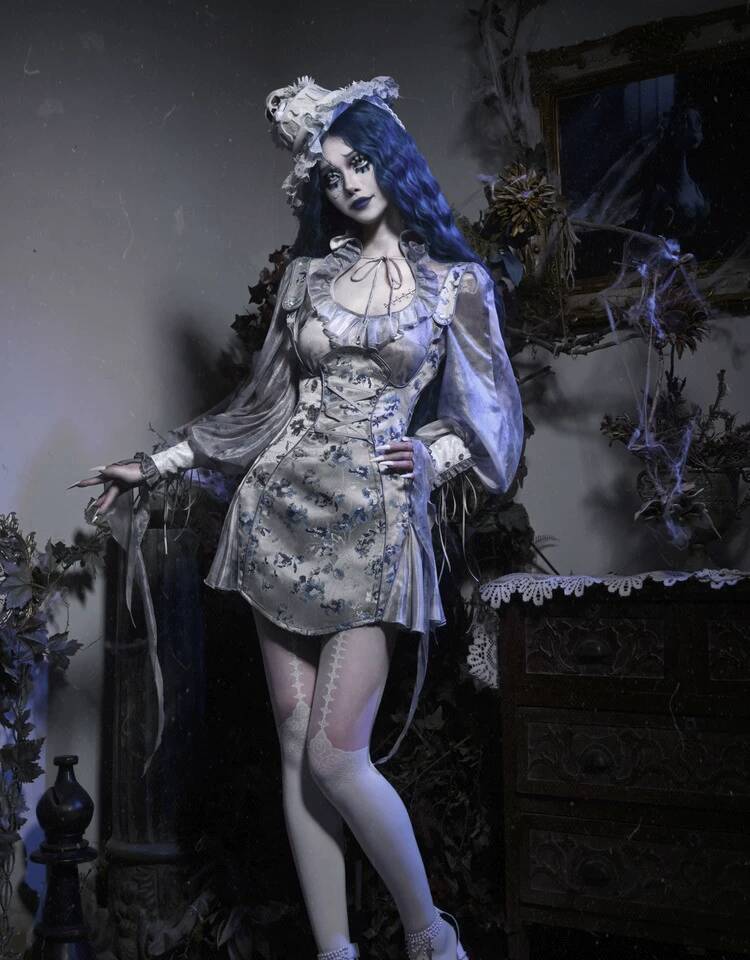 Corpse Bride Gothic Sheer Mesh - Puff Sleeve Blouse 评论和价格