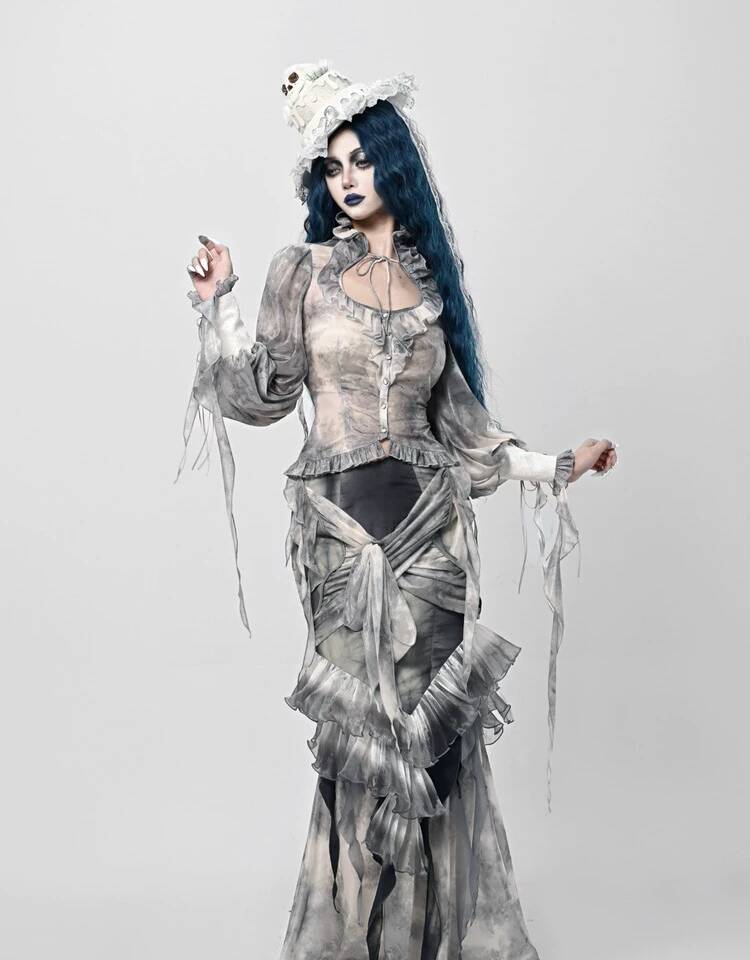 Corpse Bride Gothic Sheer Mesh - Puff Sleeve Blouse 评论和价格