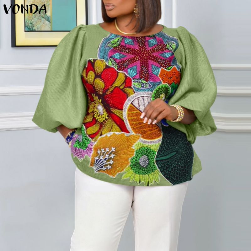Plus Size 5XL VONDA Women Fash - Puff Sleeve Blouse 评论和价格